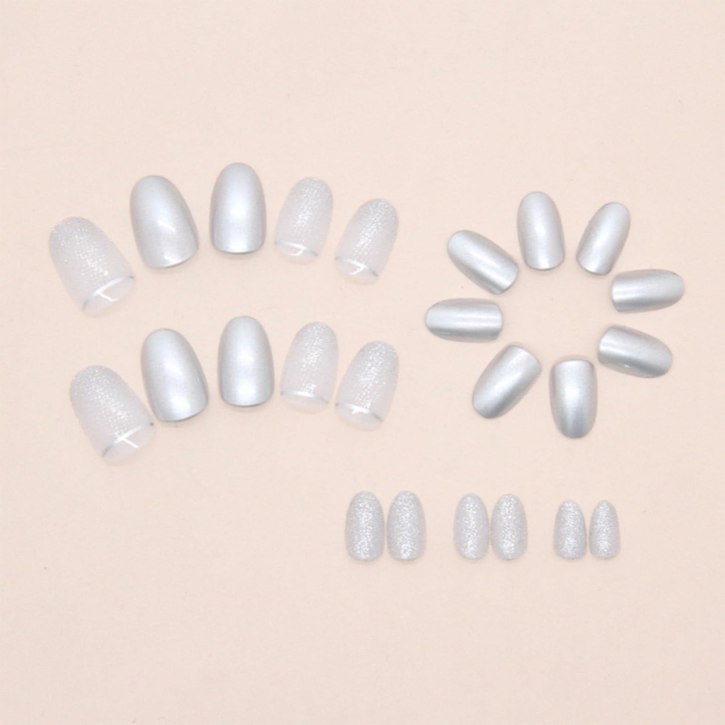 IMSOHOT Short Oval Press on Nails Silver Metal Mirror Chrome Fake Nails Glossy Acrylic False Nails with Glitter Gradient Designs Full Cover Artificial Round Cute Glue on Nails for Women Girls