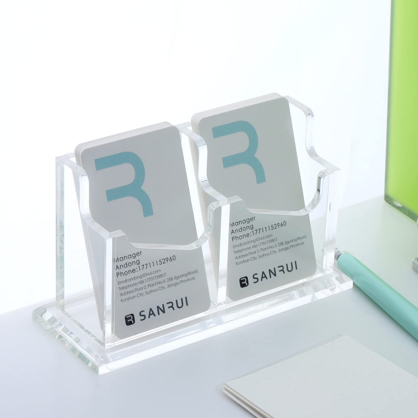 SANRUI Vertical Business Card Holder - Acrylic Clear Desktop Display Stand for Office, Home & Exhibition - Sleek Design, Durable, Easy Access,Professional Card Storage, 2 Slots