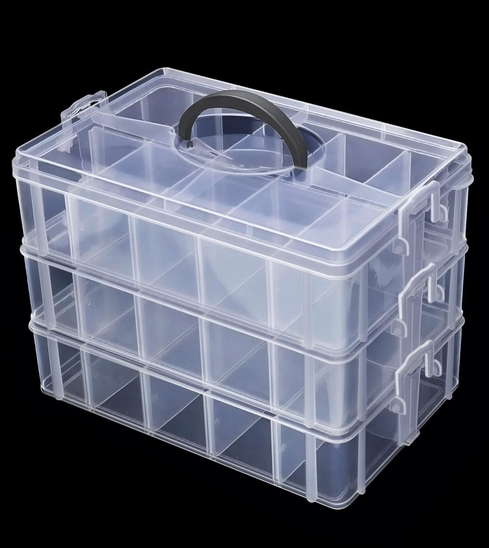 Praisebank 3-Layer Stackable Storage Container Box, 30 Dividers Compartments, Perfect for Storage Jewelry & Arts & Crafts & Sewing. (Clear)