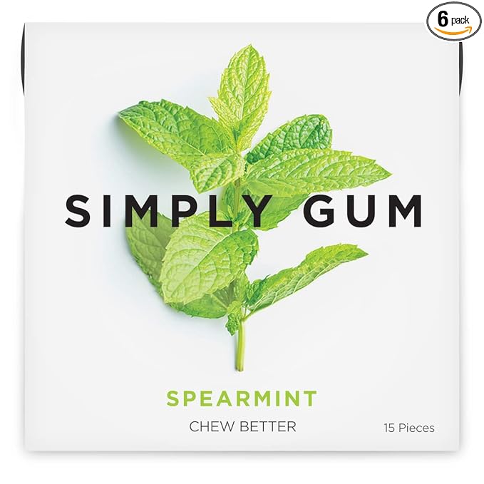 SIMPLY Gum Spearmint, Plastic-Free Natural Chewing Gum, 6 Pack (90 Pieces) | Vegan, Kosher, Non GMO, Aspartame Free and Sorbitol Free