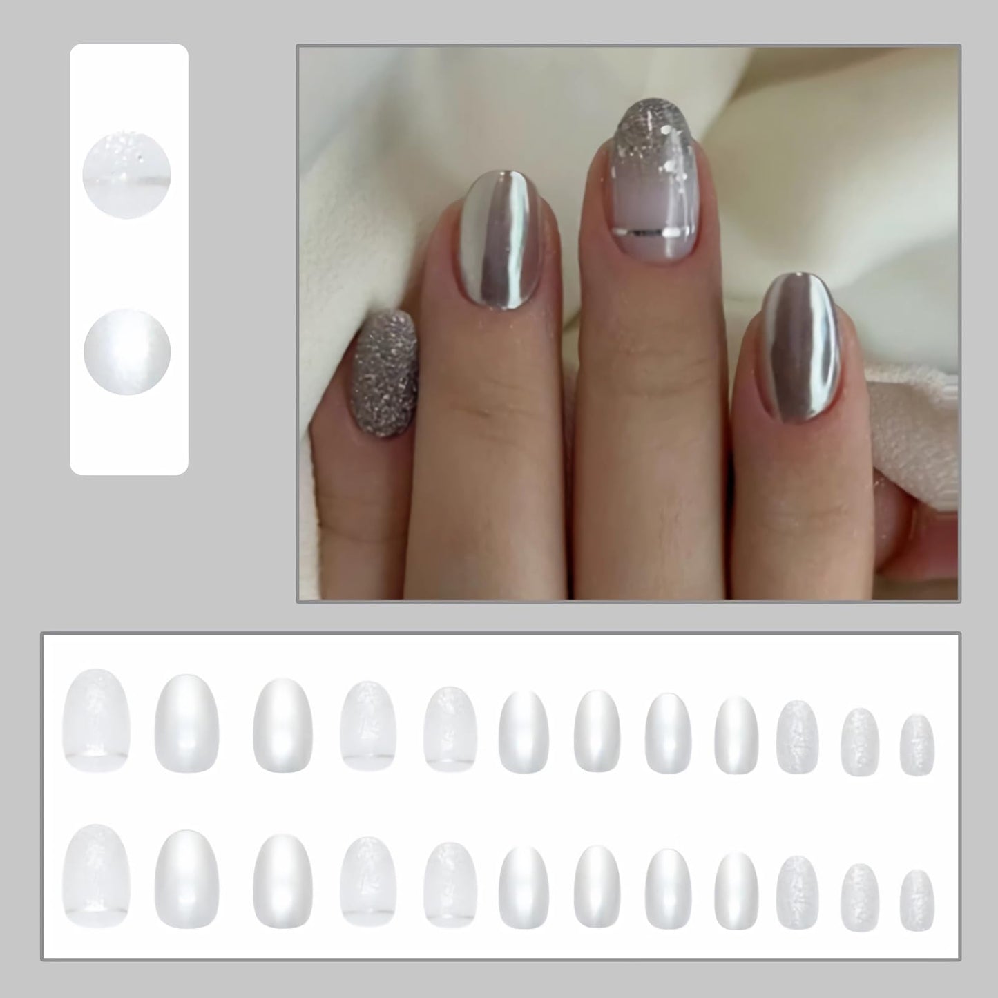 BABALAL Press on Nails Short Round Fake Nails Oval Glue on Silver Chrome Acrylic Nails Glitter Bling 24Pcs Manicure False Nails for Women Girls