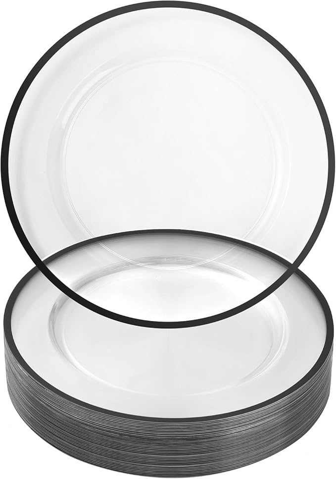 Goodluck 12 Inch Charger Plates, 25 Pack Clear Charger Plates with Black Trim, Plastic Charger Plate Bulk for Dinner, Wedding, Party, Event Decoration, Clear&Black