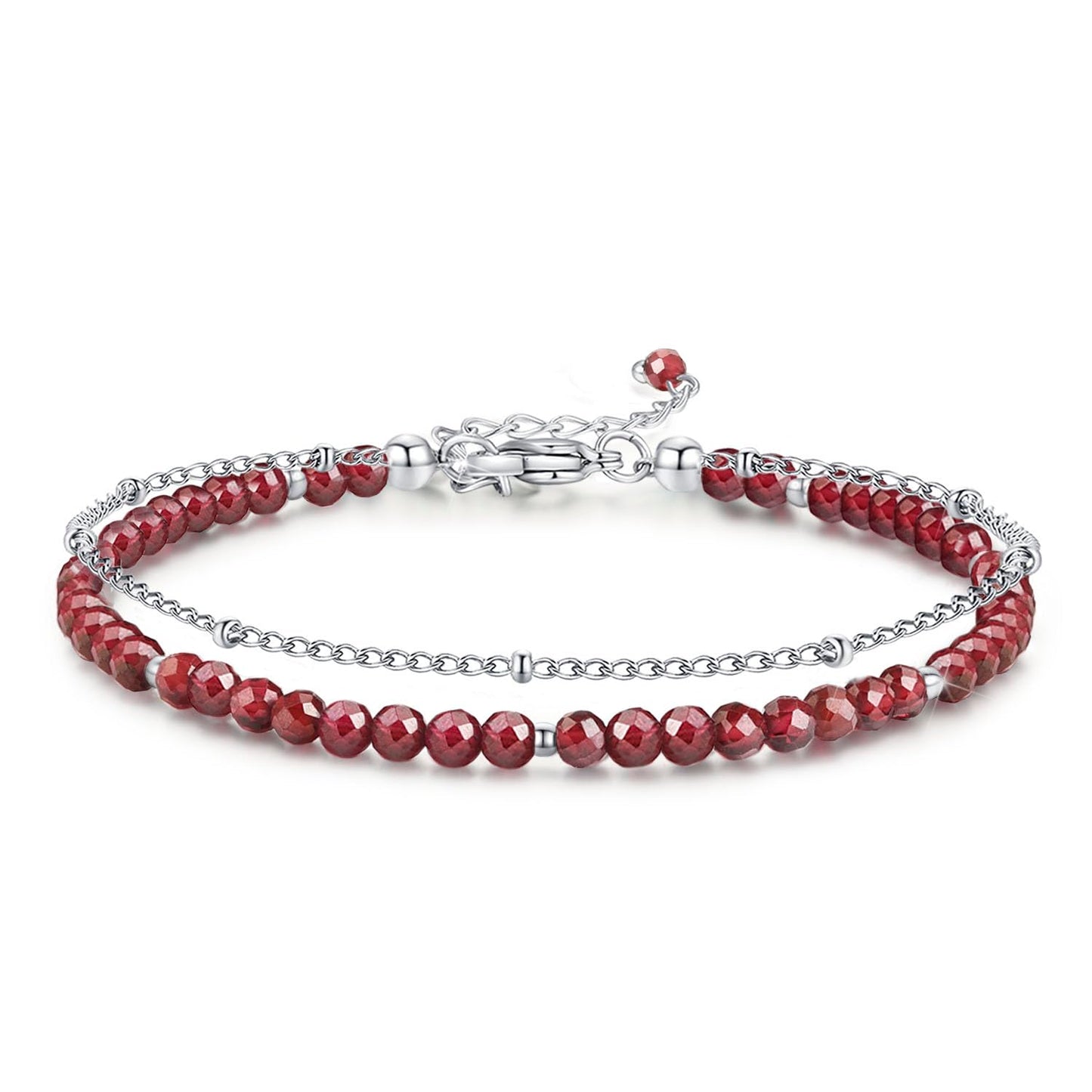MIROCANE Red Garnet Stand Silver Bracelet, Handmade January Birthstones Stack Bracelets Crystal Gemstones Bead Chain Gifts for Women, 8"