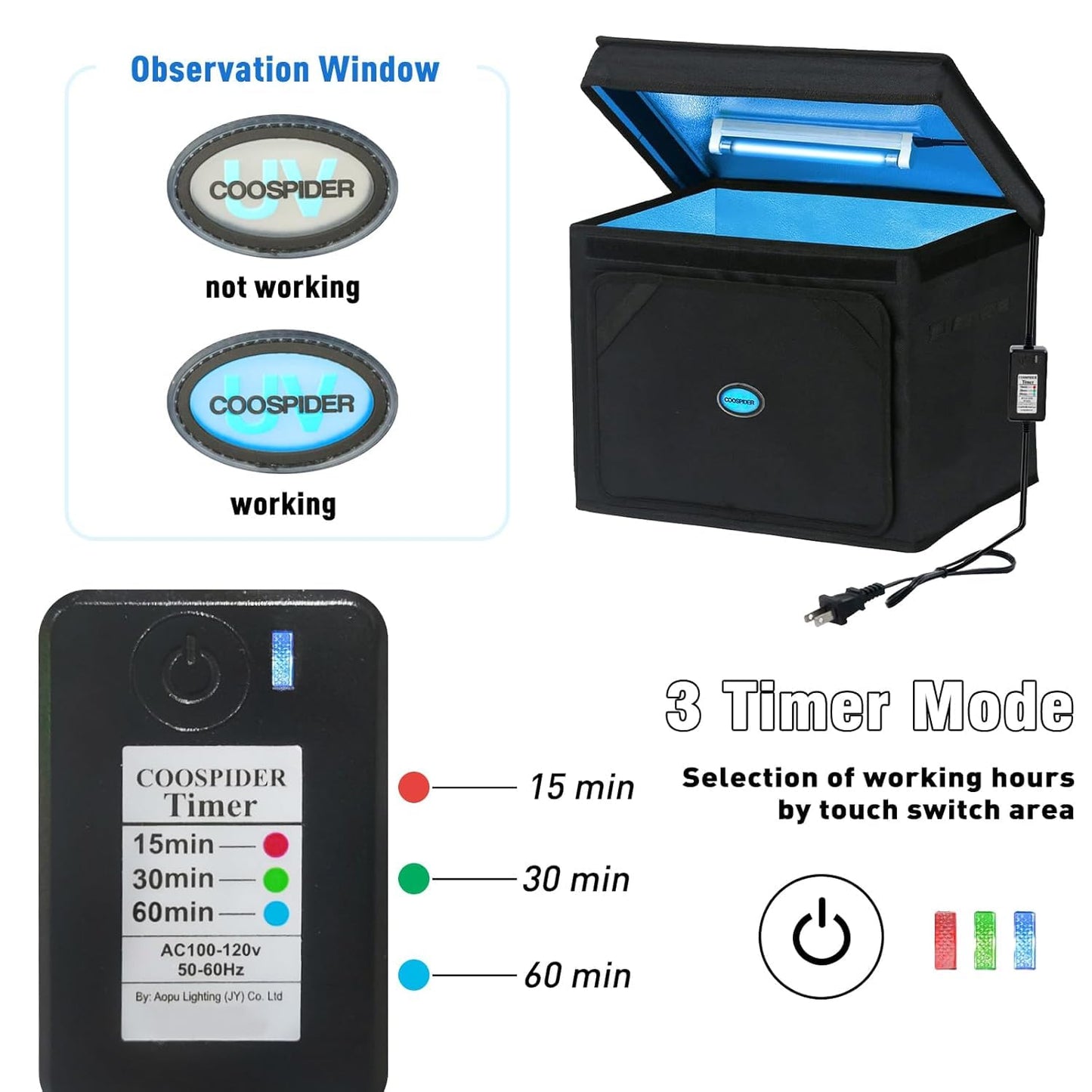 Large UVC Sanitizer Box Ozone Free, Foldable Cleaner Bag with Timer, 36L/9.5gal UV Light Bulb Black Tote for Shoes, Cell Phone, Baby Bottle, Key, Towel