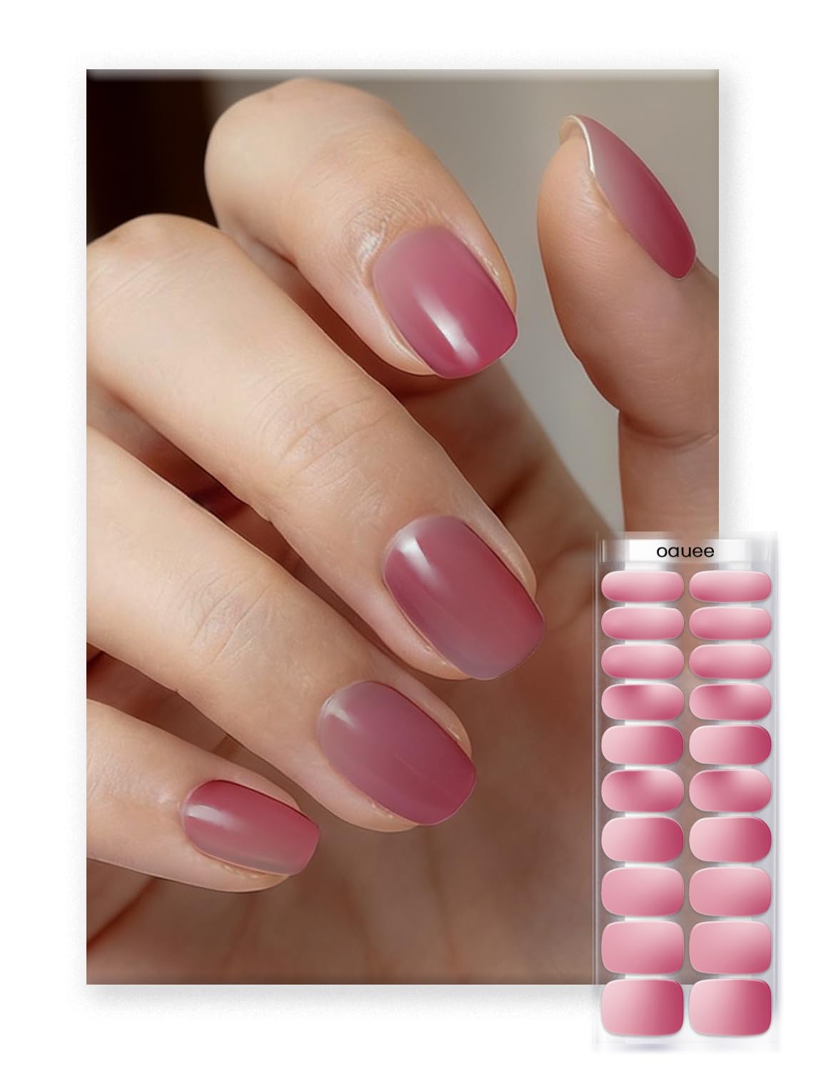 Oauee Semi Cured Gel Nail Strips | Built-In Gel Top Coat | UV Light Required | Salon Quality, Easy Application And Removal (Dry Rose Gradient Color)