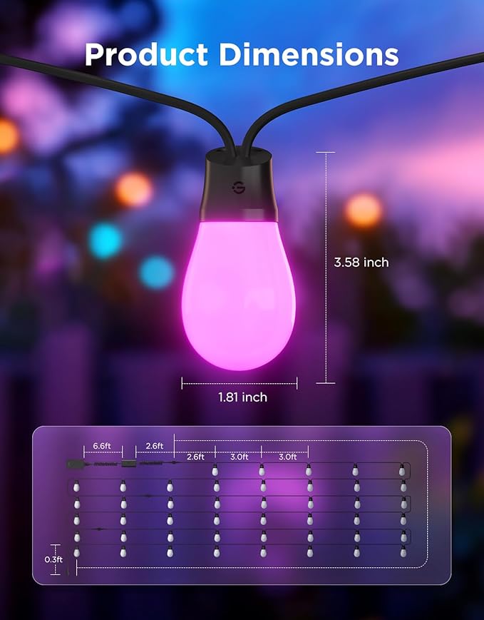 Govee S14 Bulb Outdoor String Lights 2, 144ft RGBIC Smart Warm White Outdoor Lights with 15 LED Bulbs, 111 Scene Modes for Outdoor Decor, IP66 Compatible with Alexa, Google, Matter, APP Control