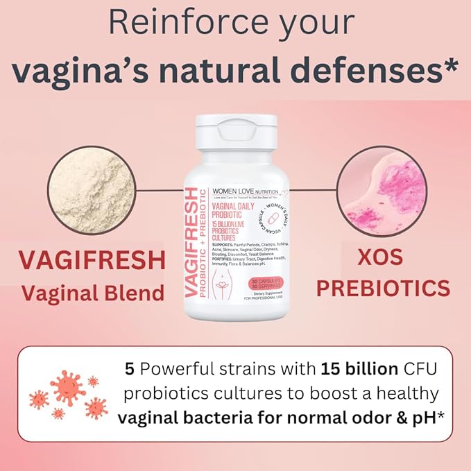VAGIFRESH Vaginal Probiotics, pH Balance, Prebiotics & Lactobacillus. Women's Vaginal Health Supplement - Healthy Vaginal Odor & Flora, 30 Count.