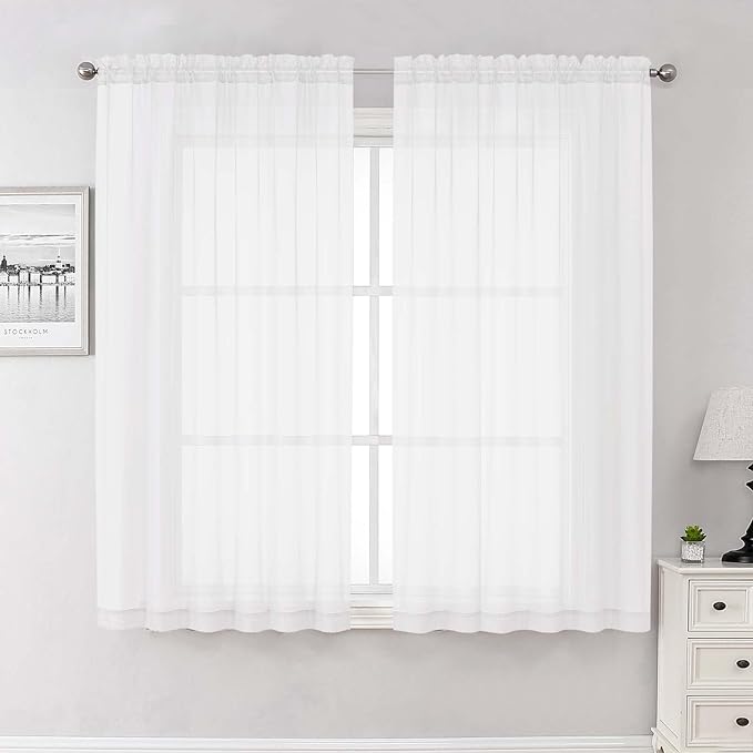 Lecloud White Sheer Curtains 63 Inch Length 2 Pcs, Light Filtering Rod Pockets Window Curtains for Bedroom, Soft Voile Home Drapes for Living Room Bathroom Home Office, Each Panel 59" W x 63" L