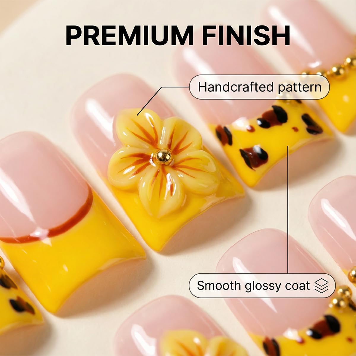 Handmade press on nails Duck Medium Fake Nails Yellow French False Nails with 3D Cherry blossoms Designs Leopard print luxury Charm Acrylic Nails for Women 10pcs (Size M）