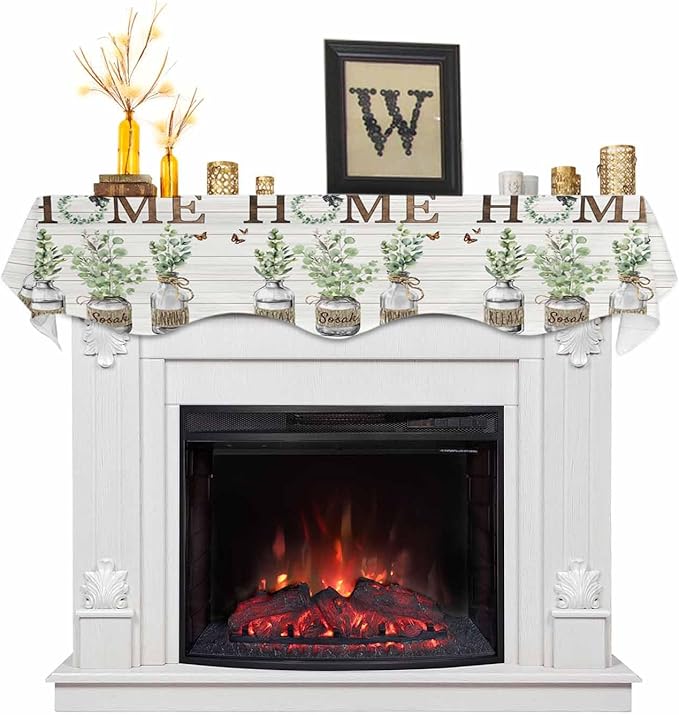 Eucalyptus Leaves Fireplace Mantel Scarf Table Runner, Farmhouse Botanical Plants Wooden Grain Winter Garland Mantel Top Tablerunners Dresser Scarves Decor for Windows Party Living Room 60''x17''
