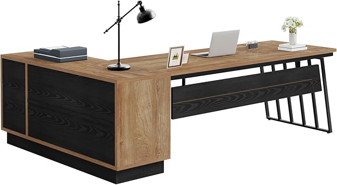 Tribesigns 71-Inch Executive Desk, L-Shaped Desk with Cabinet, Large Office Desk with Drawers and Storage Shelves, Writing Table Computer Desk for Home Office, Oak and Black