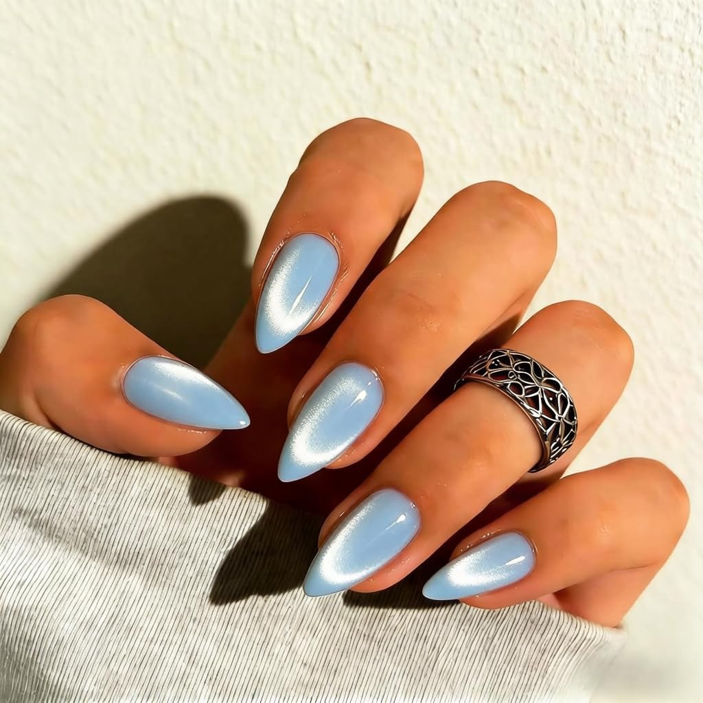 KQueenest Cat Eye Press On Nails Almond - Light Blue Press On Nails Medium Stiletto, 30 Pcs 15 Sizes Glitter Fake Nails Press ons, Upgrade Thick Quality, Reusable Reflective Glue on Nail for Women