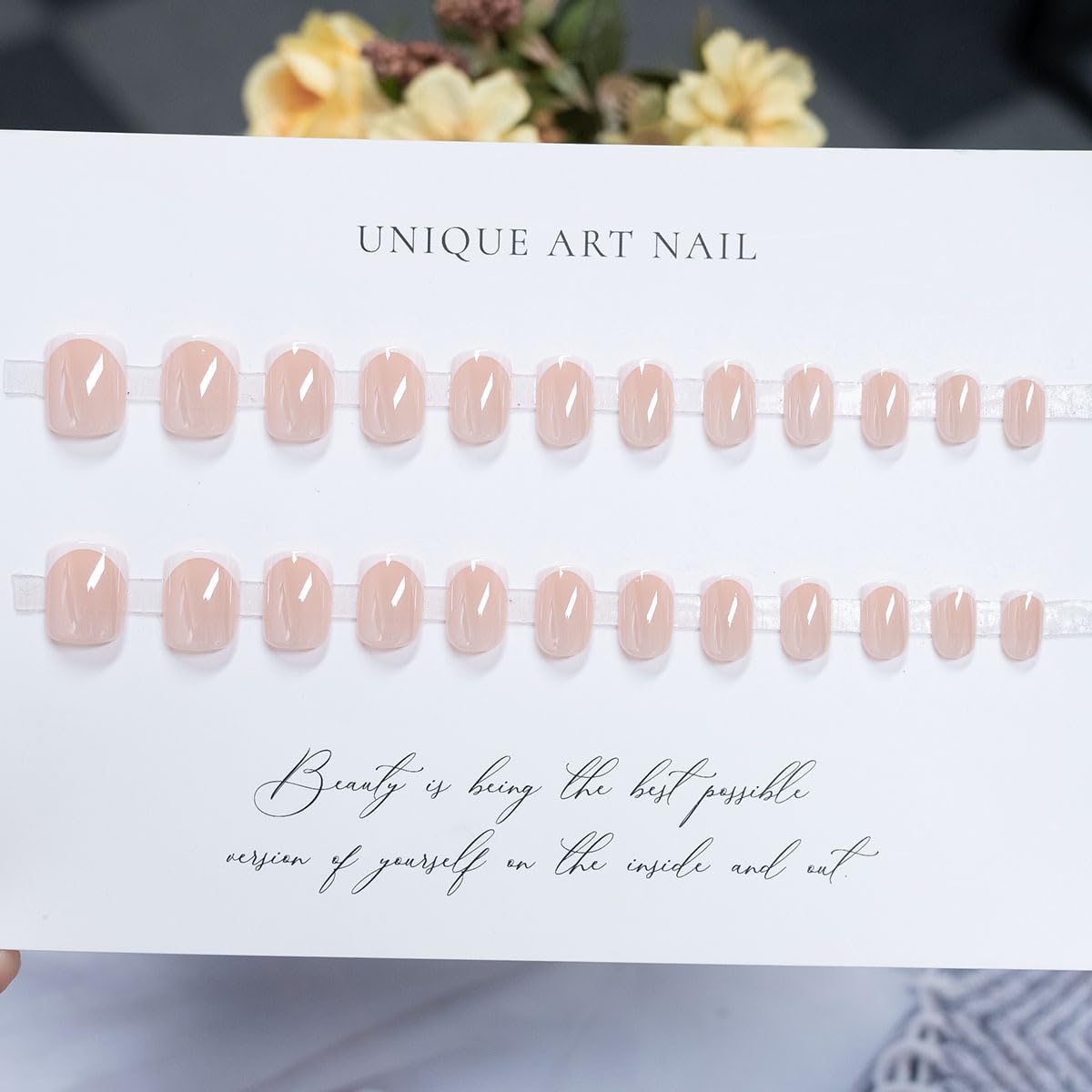 French Tip Press on Nails Short Square Fake Nails Chrome Mirror False Nails Glossy Nature Acrylic Nails Nude Reusable Full Cover Glue on Nails for Women Manicure 24Pcs