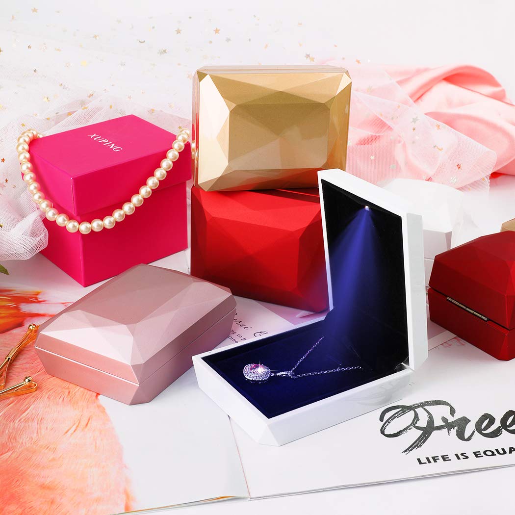 iSuperb LED Pendant Necklace Box Bracelet Box Couple Jewelry Gift Boxes Case Small Jewelry Display for Proposal Engagement Wedding (White)