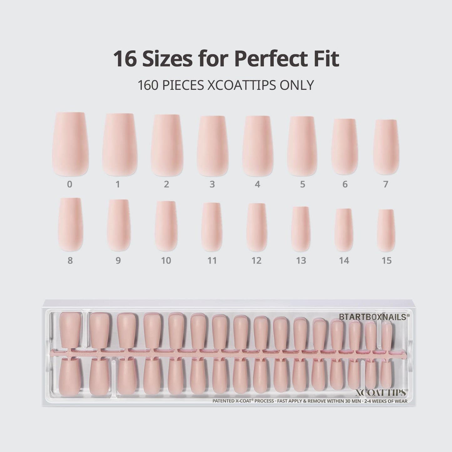 BTArtboxnails XCOATTIPS Bare 5-Shades Nude Press on Nails - 4-Week Wear Medium Coffin Press on Nails, Easy to Apply, Soak Off, Salon Quality Value at Home, 16 Sizes - 160 Fake Nails