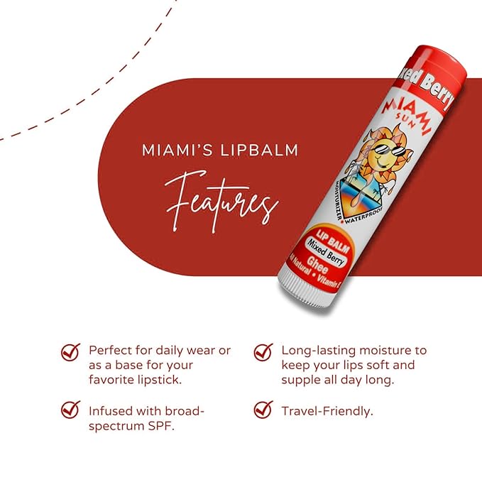 Miami Sun Natural Ghee Lip Balm, Hydrating Lip Treatment with Shea Butter & Beeswax, Organic & Non-Toxic, Best for Dry, Chapped Lips - Moisturizing, Healing, Chemical-Free Care (2 Pcs, Mixed Berry)