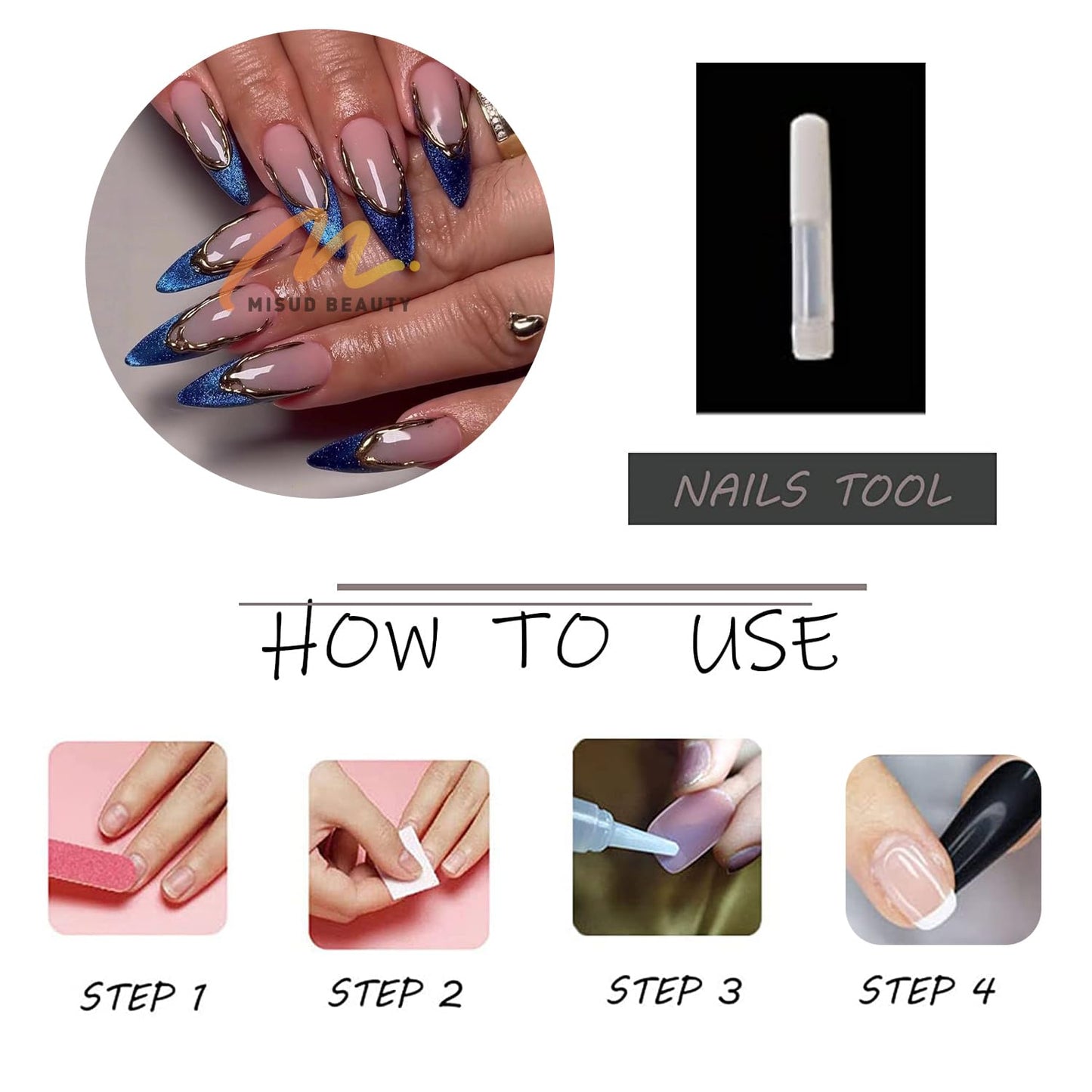 MISUD Press on Nails - Long Stiletto Fake Nails with Blue Cat Eye, Acrylic Gold Chrome Design 24 pcs