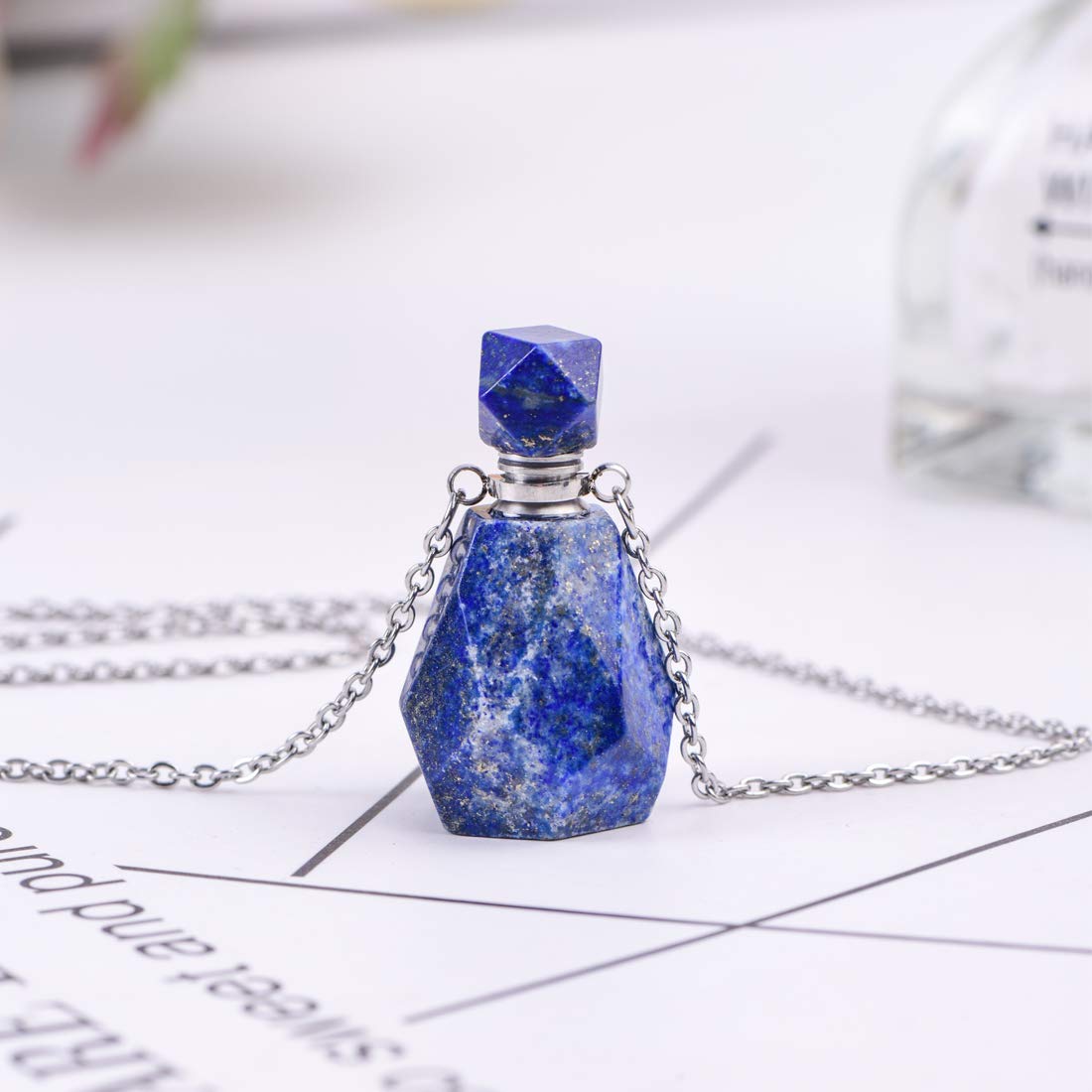YGLINE Stone Essential Oil Diffuser Necklace for Women,Lapis Lazuli Healing Stone Perfume Bottle Pendant with Chain for Men