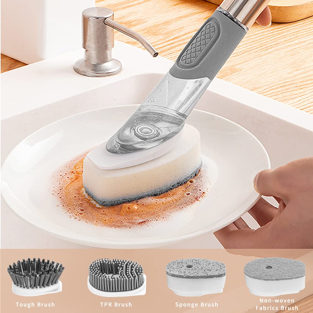 QUTHZZHY 4-in-1 Dish Cleaning Brush Soap Dispensing Dish Brush Set with 4 Replacement Heads and Storage Holder, Kitchen Scrub Brush for Dish Pot Pan Sink Cleaning (Grey)
