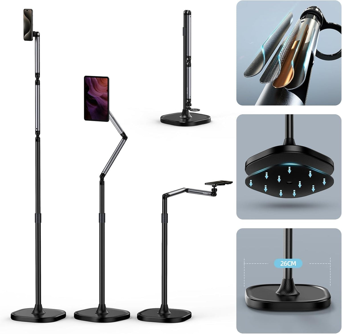 TELESIN° Magnetic Phone Tablet Floor Stand, Aluminum Alloy Phone Holder Stand for Video Recording, Overhead Bed/Sofa Phone Mount Height Adjustable Ultra Stable Base for Magsafe/iPhone/Android/iPad