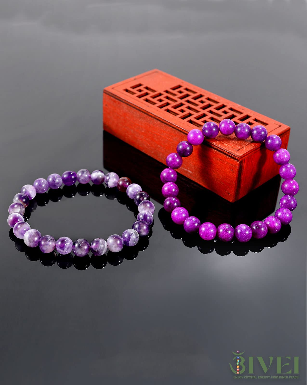 Bivei Natural Gemstone Semi Precious Crystals Handmade Stretchy Round Beads Bracelet, Enhance Positive Energy,Stocking Stuffers for Women(Dog-Tooth Amethyst & Sugilite (Love & Happiness) Large)
