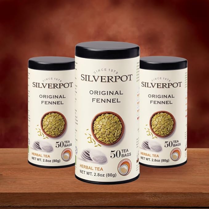 Silverpot Original Fennel Tea - 50 Round Tea Bags | Fennel Seeds | Caffeine Free, 100% Natural | Reusable Tin