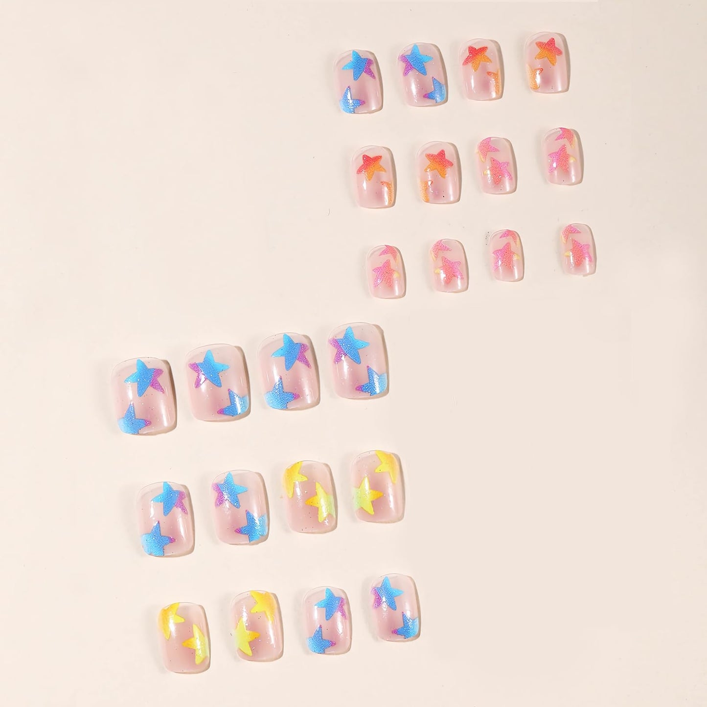 MISUD Press on Nails - Short Square Fake Nails with Colorful Star, Acrylic Bling Glitter Design 24 pcs