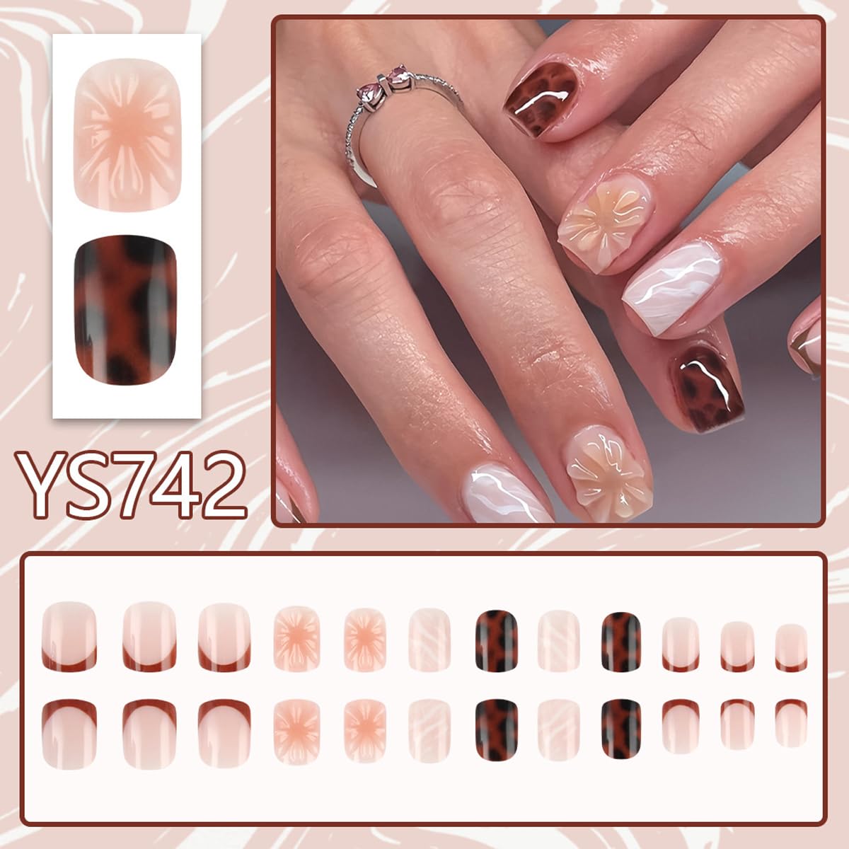 Fall Press on Nails Short Square Fake Nails Cozy Autumn Nails Press ons with Brown Tortoise,Flower Design Full Cover Stick on Nails for Women Manicure,Reusable | Nail Sticky Tabs | Easy Apply | 24Pcs