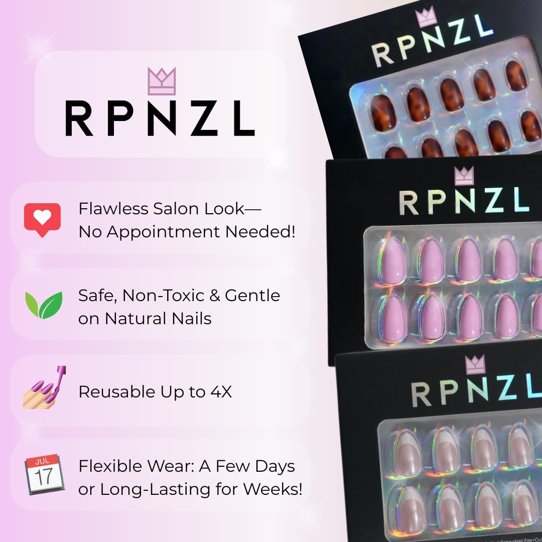 French Tip Press on Nails – French Toast | Medium Almond Shape with Glossy Glazed Finish | Salon Quality Fake Nails, 32 Nails(16 Sizes) Kit with Glue & Adhesive Tabs