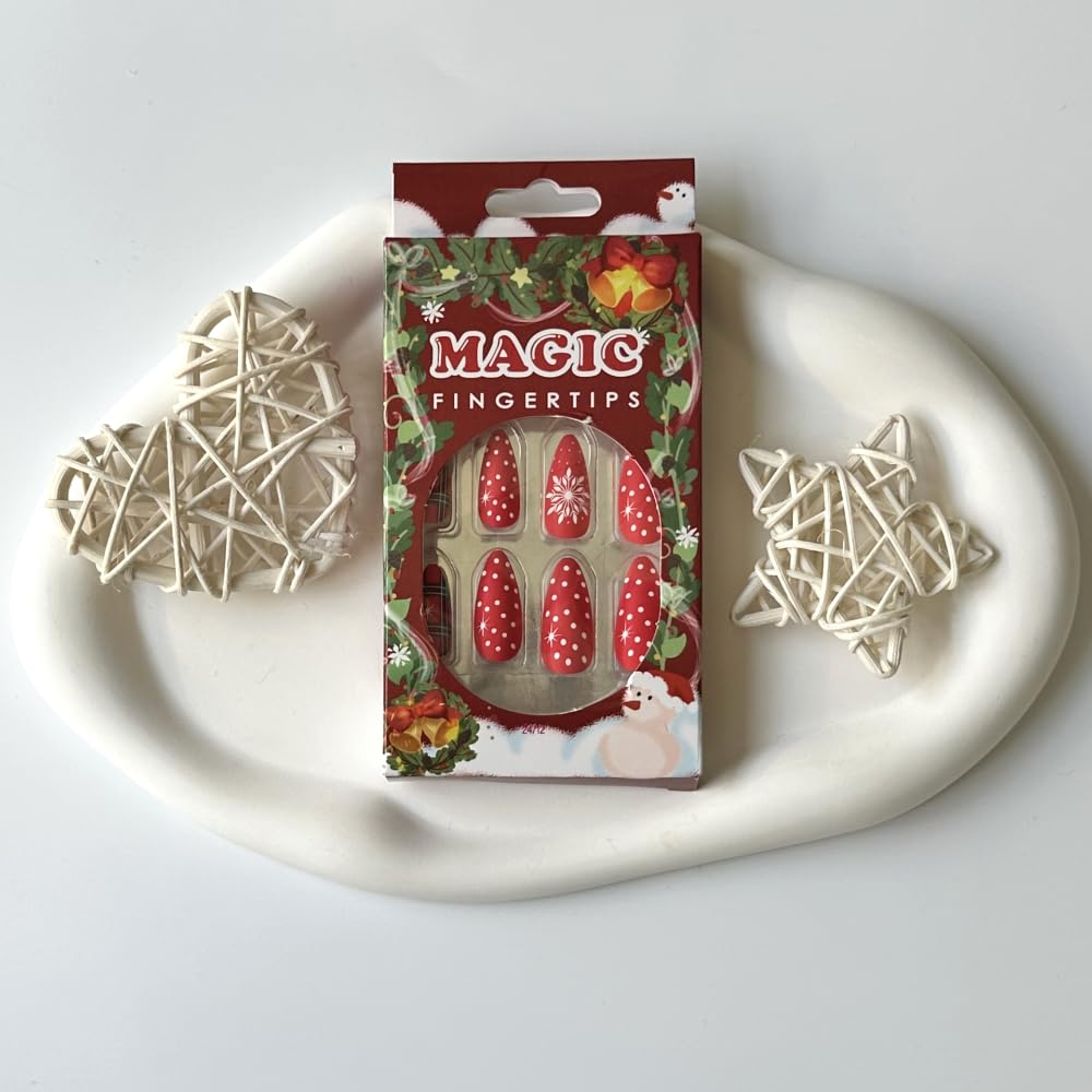 Almond Christmas Press on Nails Medium Red Fake Nails with White Snowflake Design Matte Christmas False Nails Acrylic Nails Full Cover Glue on Nails Stick on Nails for Women and Girls