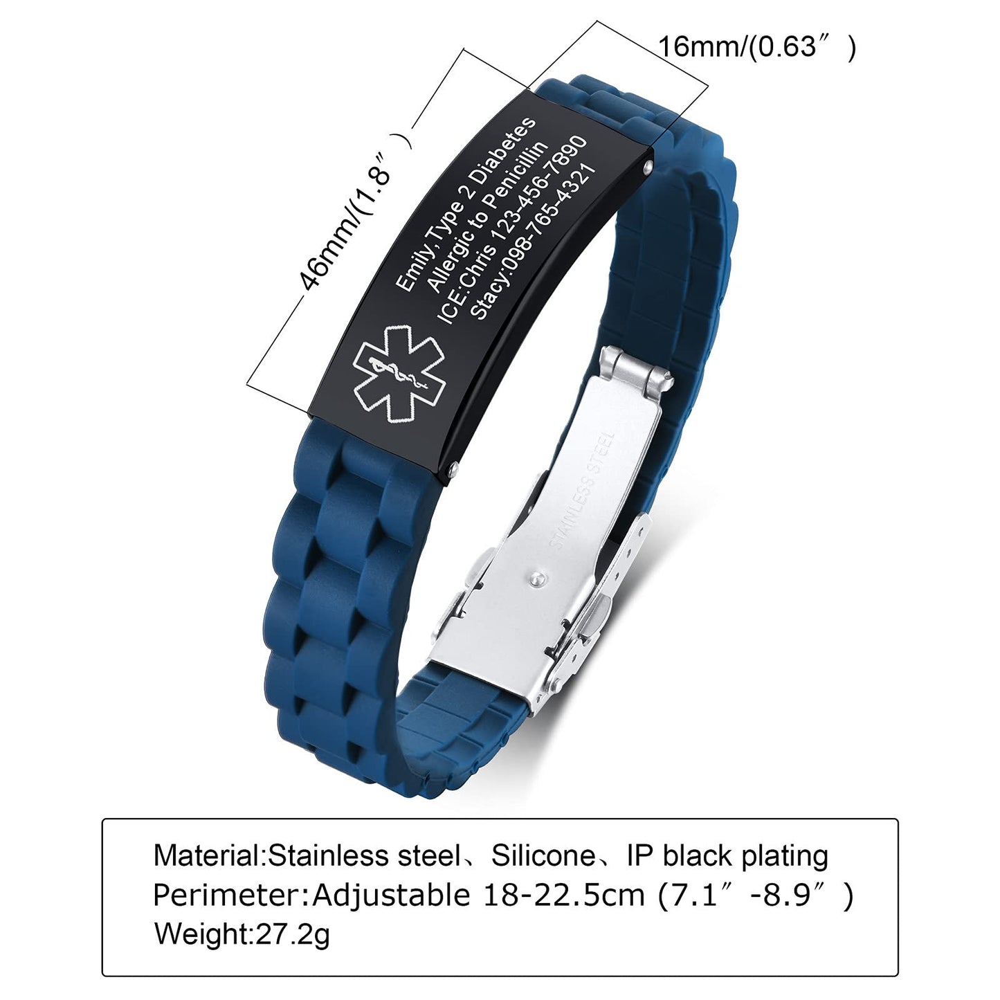 VNOX Blue Medical Alert Bracelets for Men & Women with Adjustable Sport Silicone Medical ID Bracelets Wristband