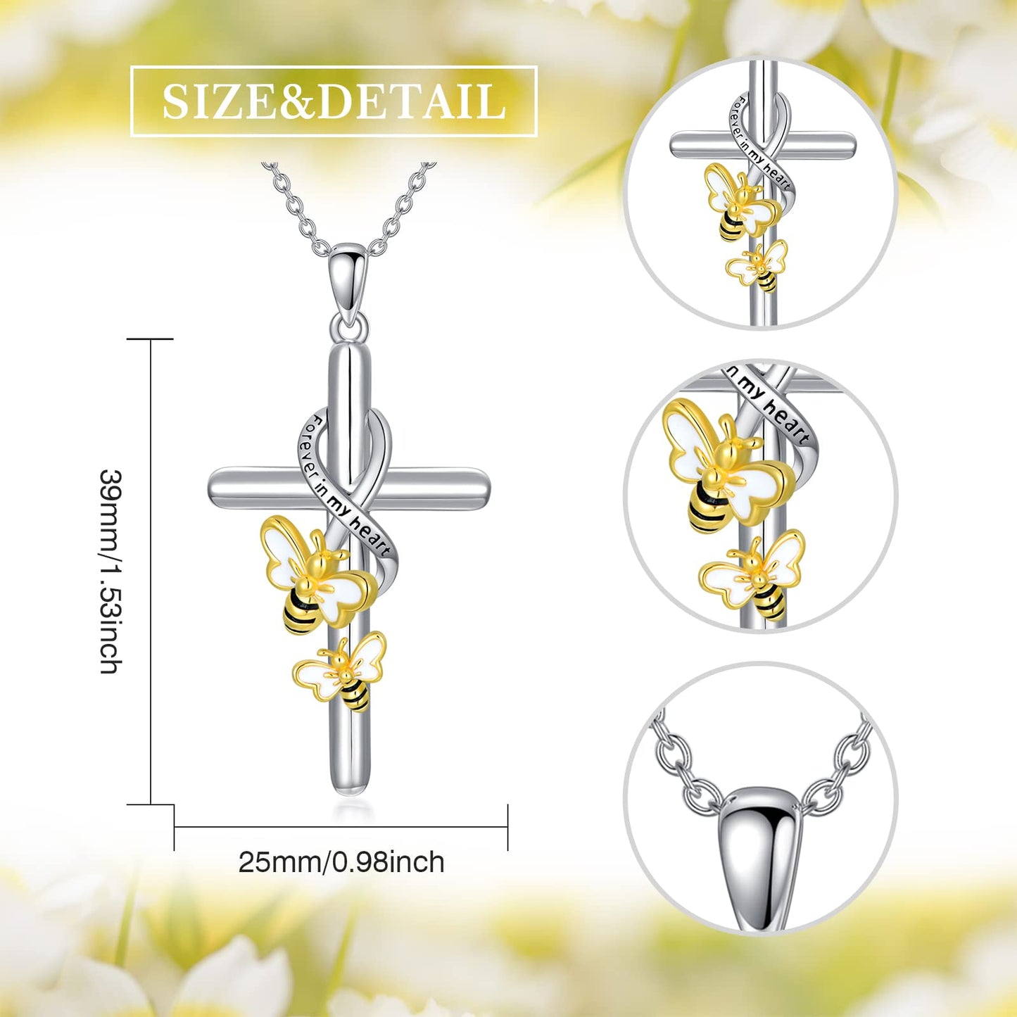 Flpruy Bumble Bee Cross Necklace 925 Sterling Silver Bee Gifts Jewelry for Women