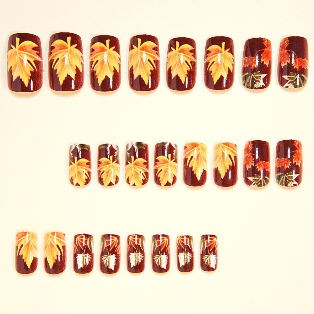Fall Wine Press on Nails Short Maple Leaf Fake Nails Winter Square Acrylic Nails Press ons Autumn Full Cover Glue on Nails Artificial Reusable Gradient Stick on Nails for Women Nail Art Kit 24Pcs