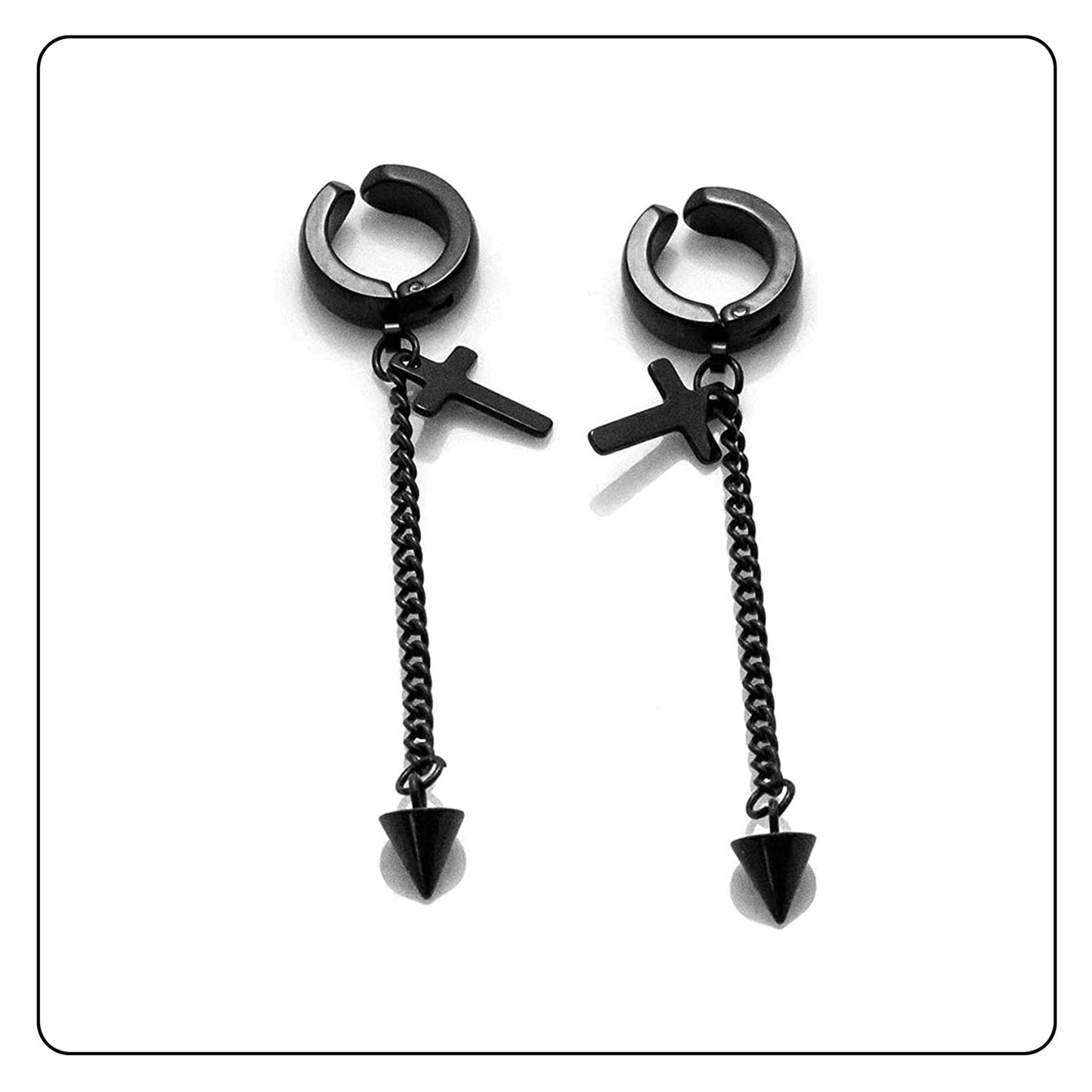 Fusamk Punk Rock Stainless Steel Cross Ear Clip Earrings Long Chain Drop Dangle Earrings(Black)