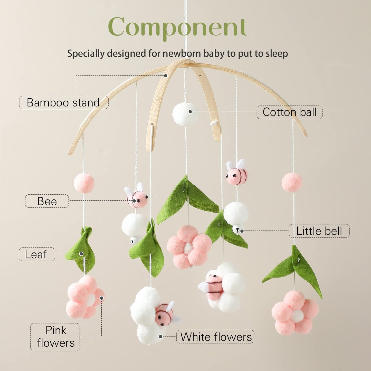 Wooden Wind Chime Bed Bell Crib Mobile, Neutral Pink Bee Baby Ceiling Mobile