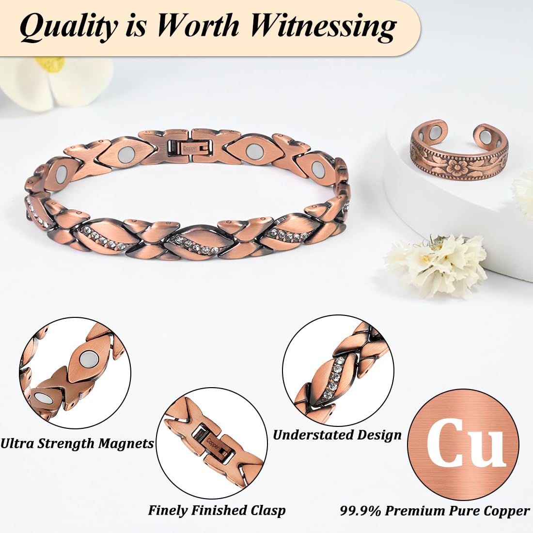 Vicmag Copper Bracelet for Women Ultra Strength Magnetic Bracelets with Effective Magnets 99.9% Pure Copper Jewelry Present with Adjustment Tool