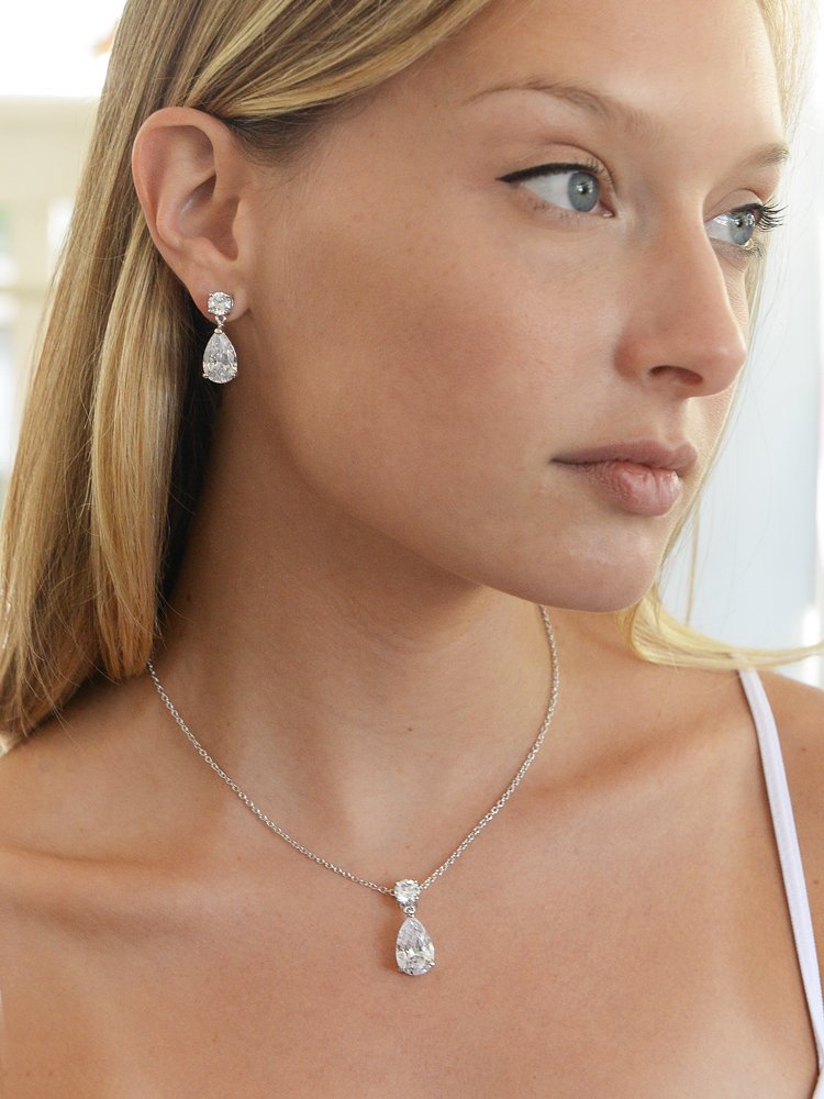 Mariell Glamorous Pear-Shaped Cubic Zirconia Wedding Necklace and Earrings Set for Brides or Bridesmaids