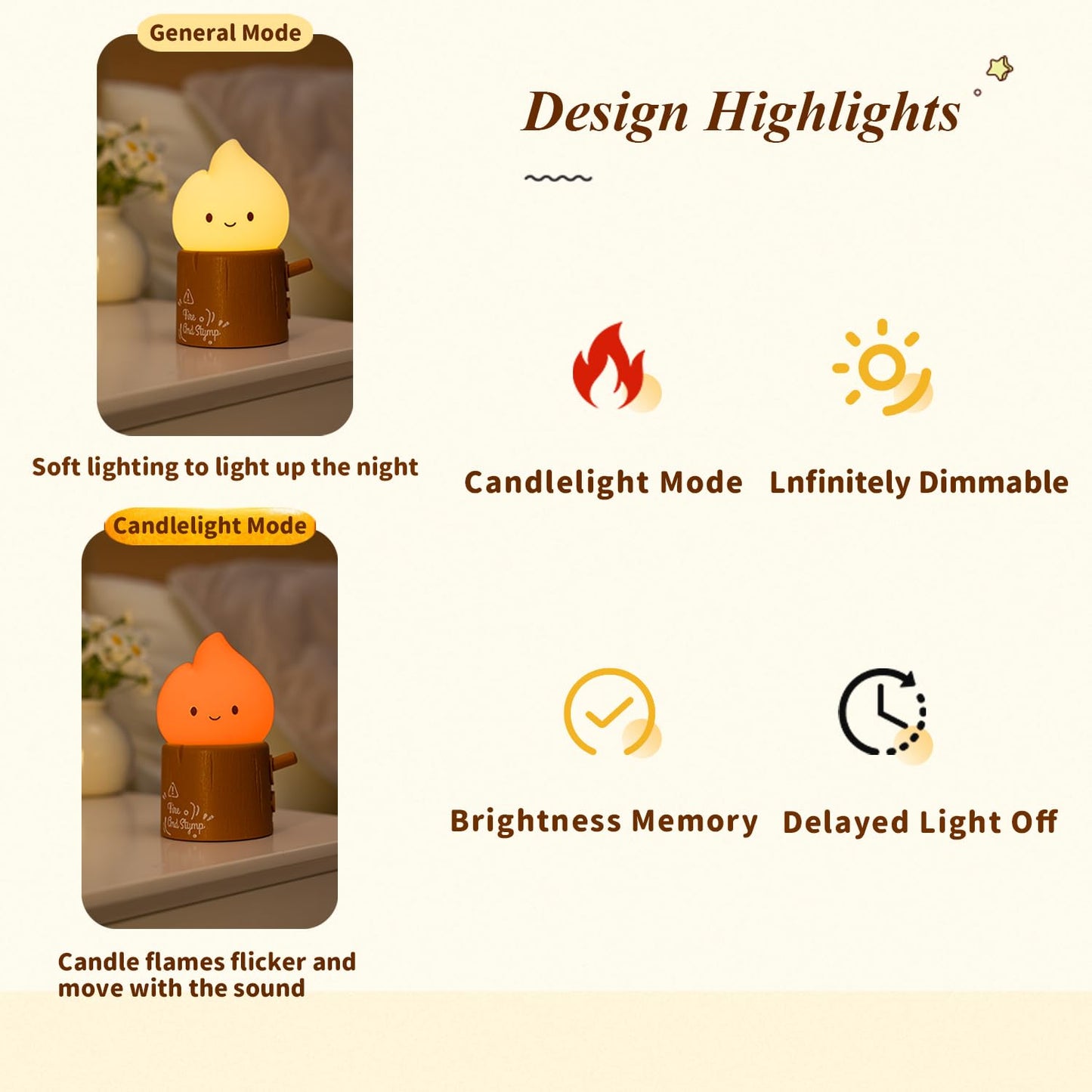 Myratts Led Cute Stump Fire Night Light, Dimmable Nursery Kawaii Lamps, Super Squishy Silicone USB Rechargeable Timer Night Lamp for Kids Adults, Used for Camping Party Room Decor (Stump Fire)