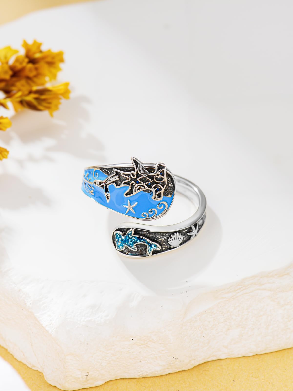 Midari Shark Spoon Rings for Women 925 Sterling Silver Adjustable Hammerhead Shark Ring Adjustable Spoon Rings Ocean Jewelry Gift for Women Wave Shark Lovers