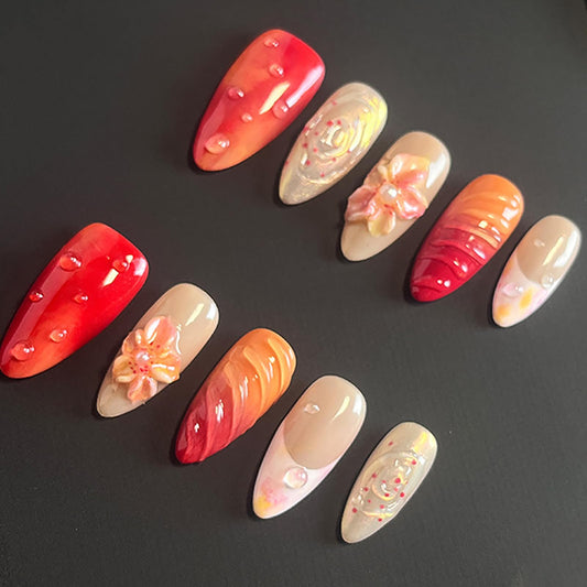Luxury Press on Nails Medium Almond Handmade 3D Unique Reusable ABS Material Fake Nails Red&Orange False Nails with Designs Flower Water Drop Art Petal Glossy Glue on Thick Acrylic Nails(S)