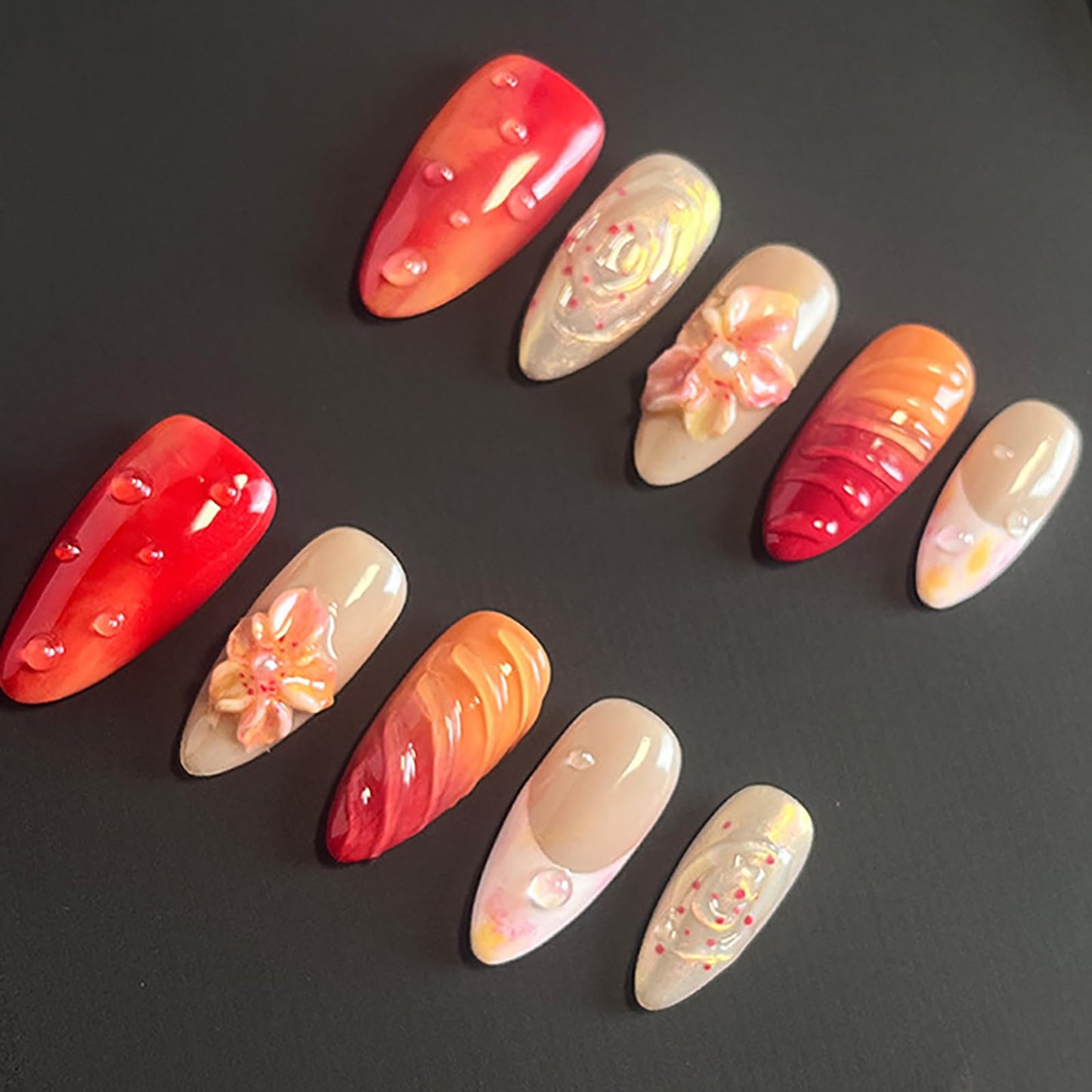 Luxury Press on Nails Medium Almond Handmade 3D Unique Reusable ABS Material Fake Nails Red&Orange False Nails with Designs Water Drop Flower Art Petal Glossy Glue on Thick Acrylic Nails(M)