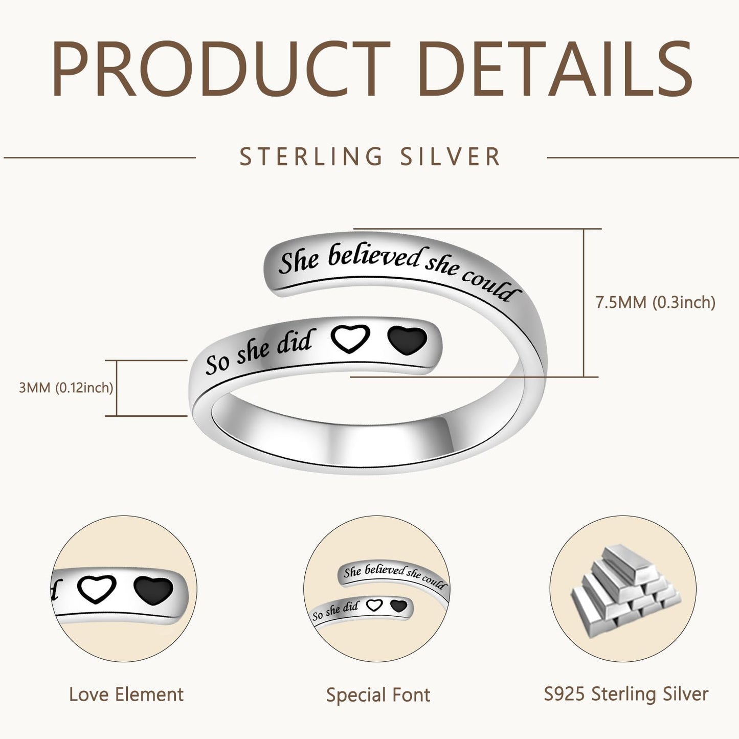 925 Sterling Silver Inspirational Jewelry Adjustable Wrap Open Ring Encouragement Gift for Women(She believed she could So she did)