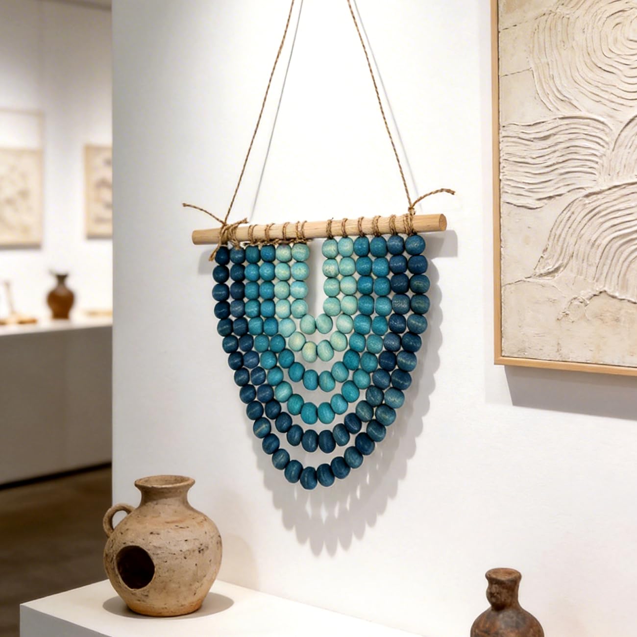 Boho Wooden Bead Garland Wall Hanging Tapestry Ombre Blue Gradient Handmade Wood Beaded Macrame Wall Art Natural Theme Wall Decor for Living Room Bedroom Nursery Dorm Coastal Home Office Decoration