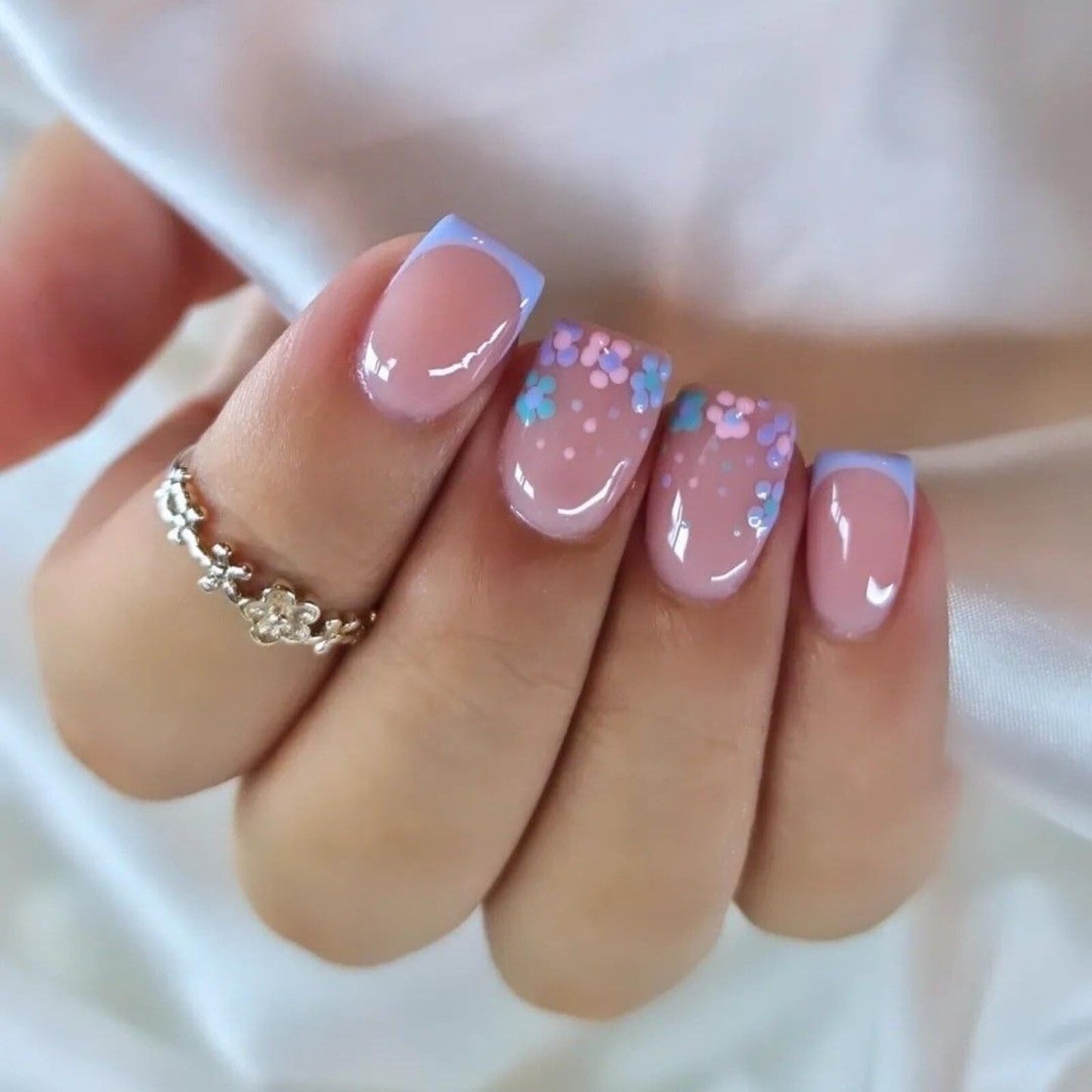 Short Square Press on Nails Soft Nude Pink Base Pastel Blue French Tips Pink Blue Glitter Stick on Nails Speckles Sleek Gentle Fresh Manicure Artificial Nails Suitable for Elegant Unique Chic 24 Pcs