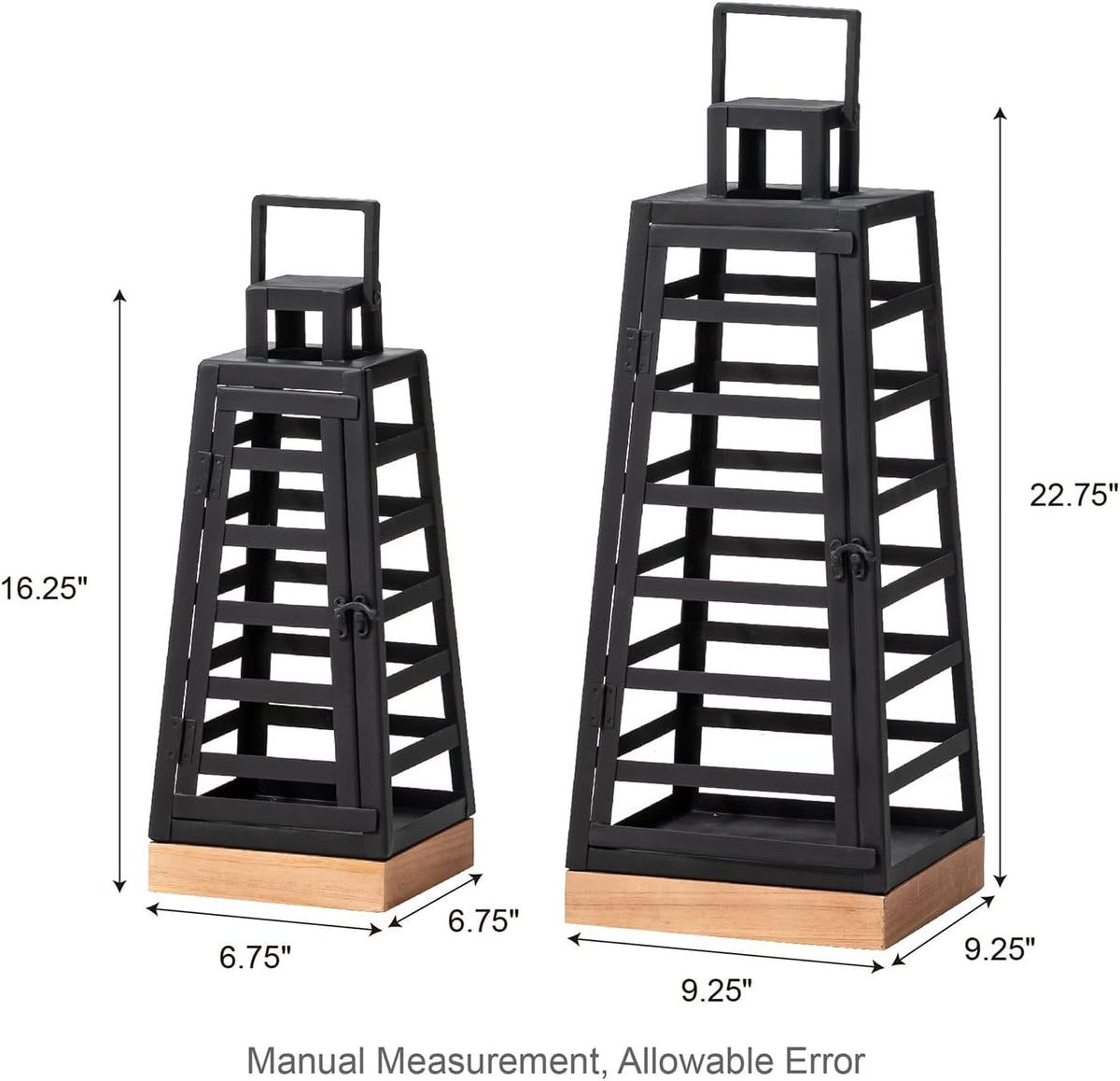 Glitzhome Set of 2 Modern Trapezoid Metal/Wood Decorative Lanterns,Large Candle Lanterns for Living Room,Home,Indoor, Outdoor,Table,Fireplace Mantle Decor -Black(No Glass)