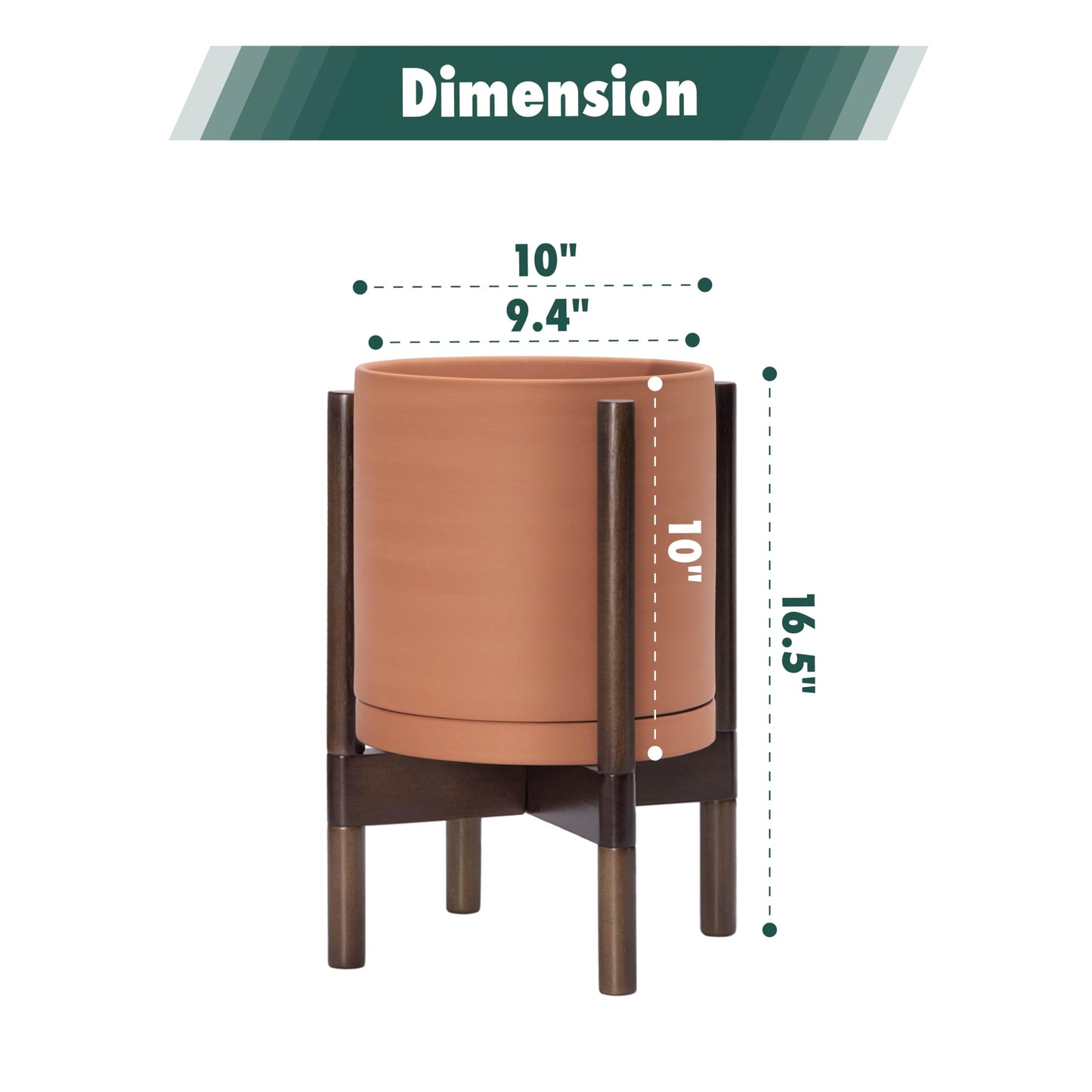 D'vine Dev Terracotta Planter with Walnut Color Stand - 10 Inch Modern Round Flower Pot with Wood Planter Holder, Terracotta, 55-B-X-5