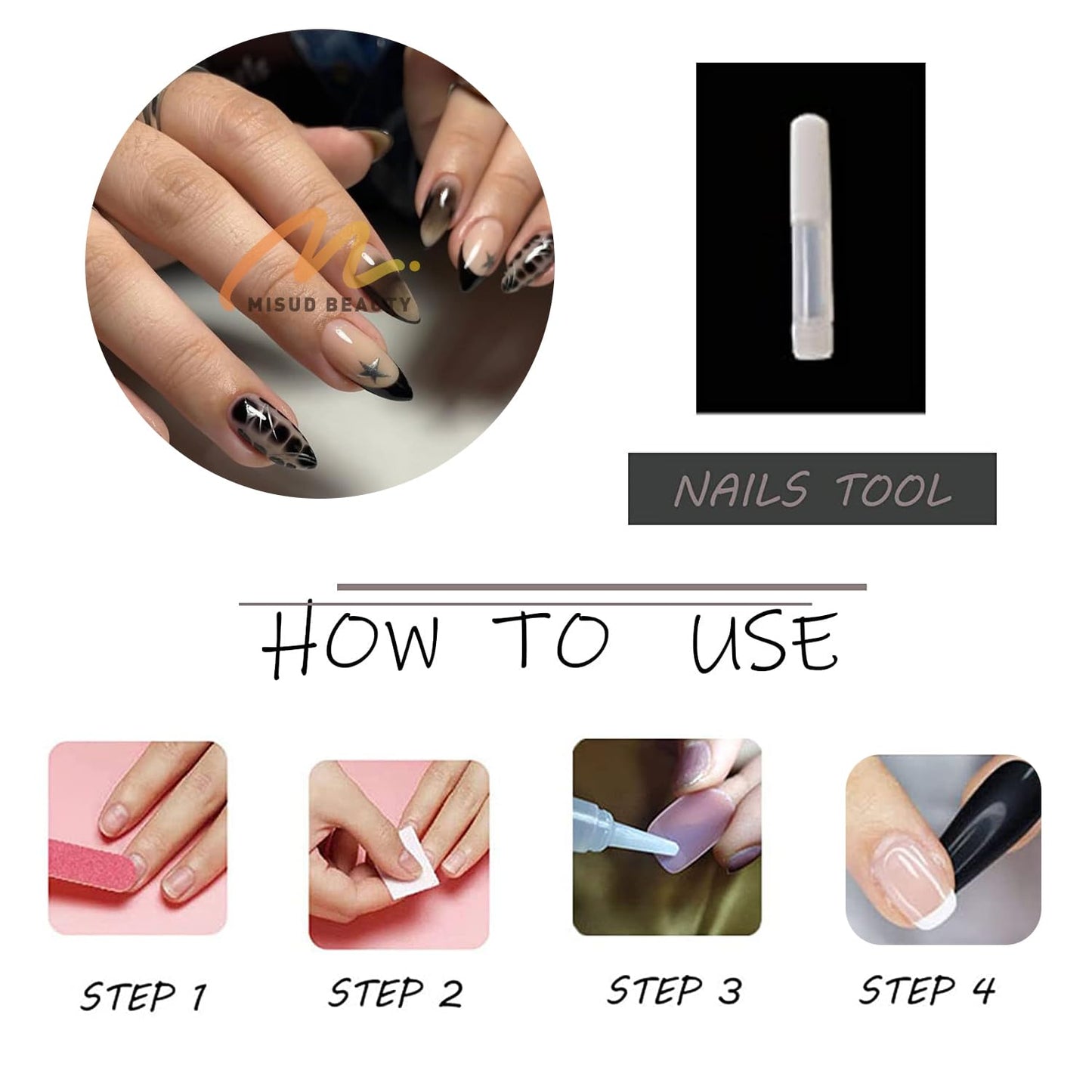 MISUD Press on Nails - Medium Almond Glue on Nails with Goth Black, Acrylic Silver Chrome Design 24 pcs