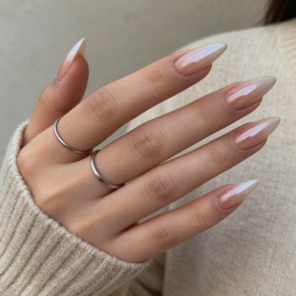 FJSMTOPl Ombre Press on Nails Almond Fake Nails with Design Chrome False Nails Press ons Medium Glossy Full Cover Acrylic Glue on Nails Artificial Stick on Nail for Women Manicure 24Pcs