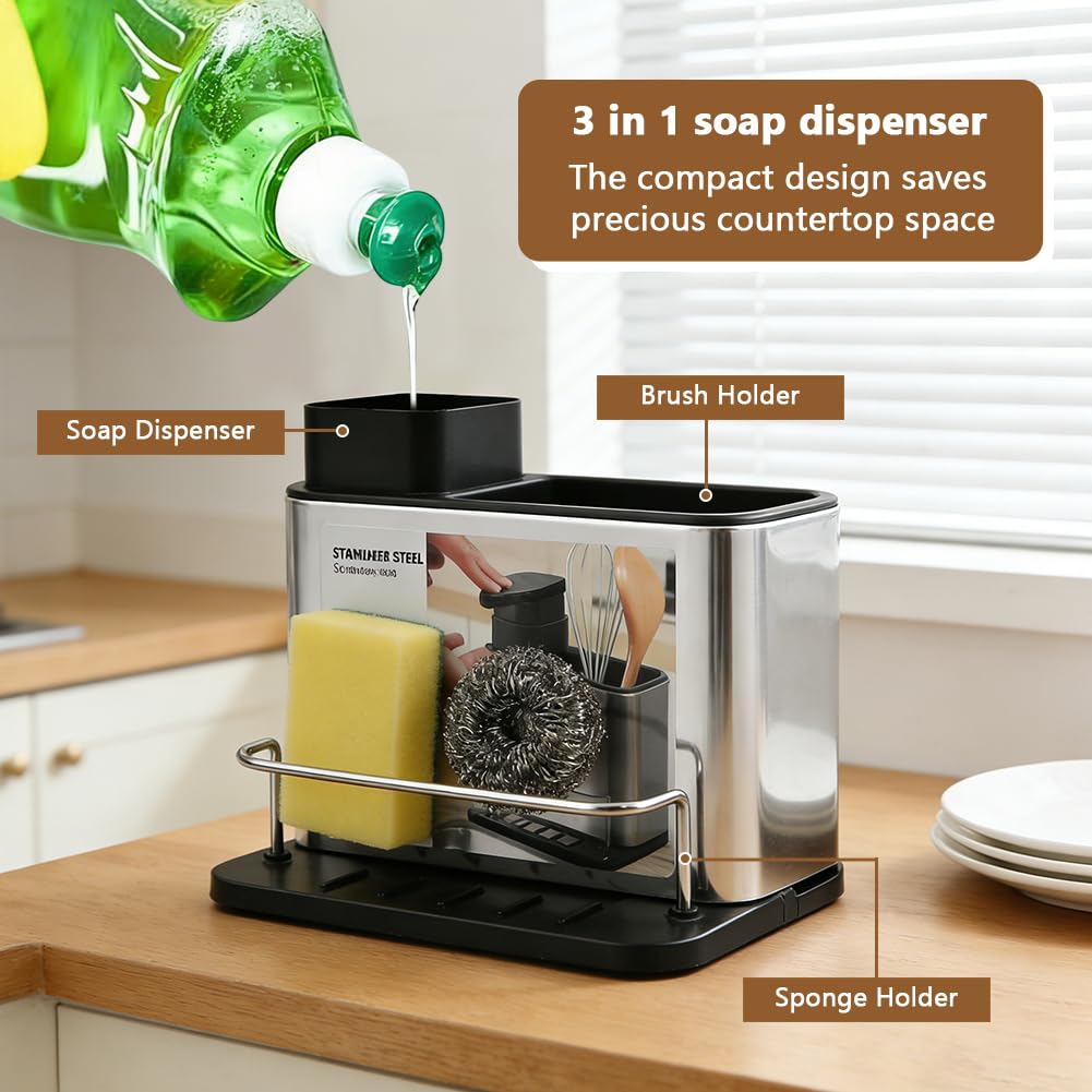 3-in-1 Dish Soap Dispenser, Sponge Holder for Kitchen Sink Caddy, Organizer Dish Soap Dispenser with Cleaning Brush and Tray Drainer Rack Countertop