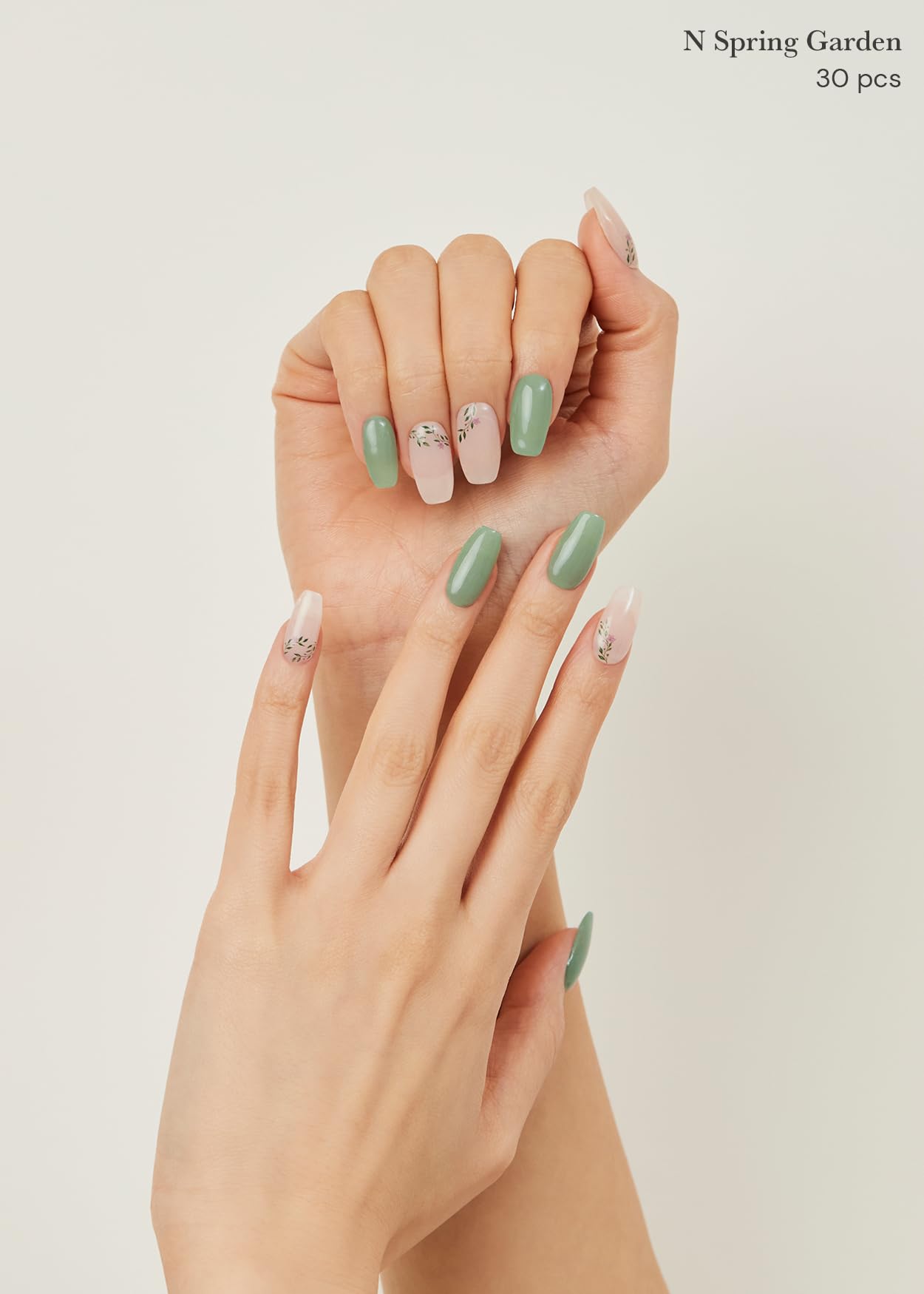ohora Semi Cured Gel Nail Strips (N Spring Garden) - Green, Patterned, Works with Any UV/LED Lamps, Salon-Quality, Long Lasting, Easy to Apply & Remove - Includes 2 Prep Pads, Nail File & Wooden Stick